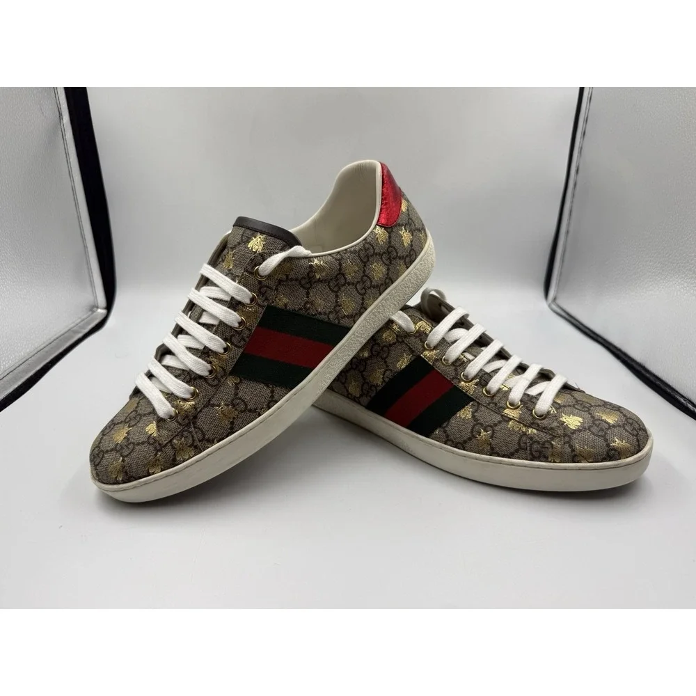 Gucci Ace Men's Sneakers GG Supreme Monogram Gold Bees Size Gucci 10 US 11 11.5